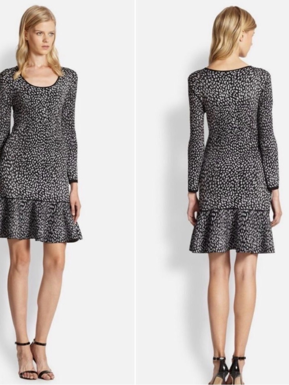 Rebecca Taylor Black and White Printed Long-Sleeve Ruffle-Hem Dress